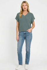 Zenana Textured Knit V-Neck Cropped Sweater 