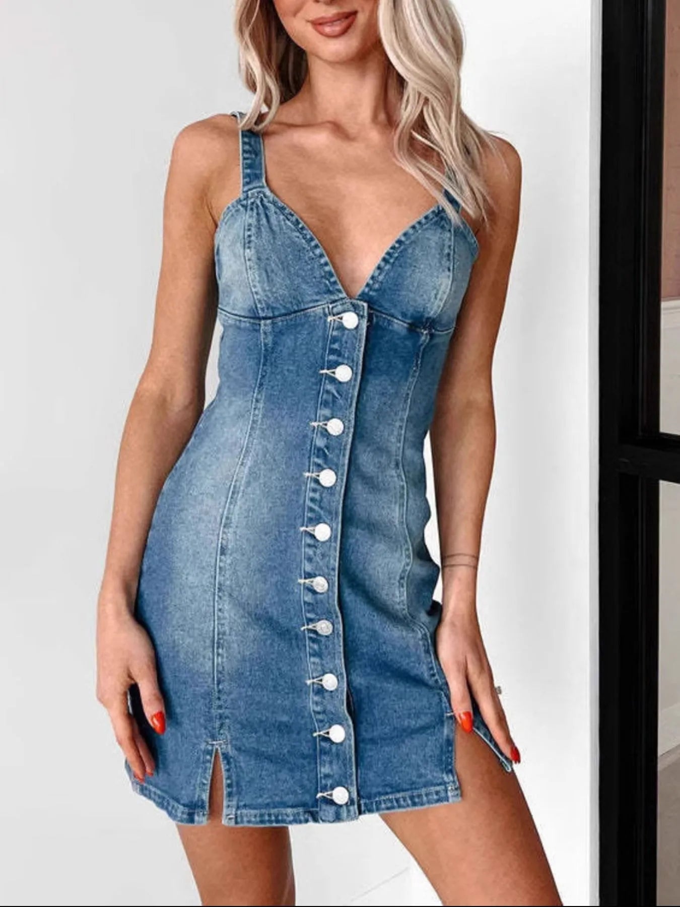 Button Front Sweetheart Neck Denim Mini Dress 