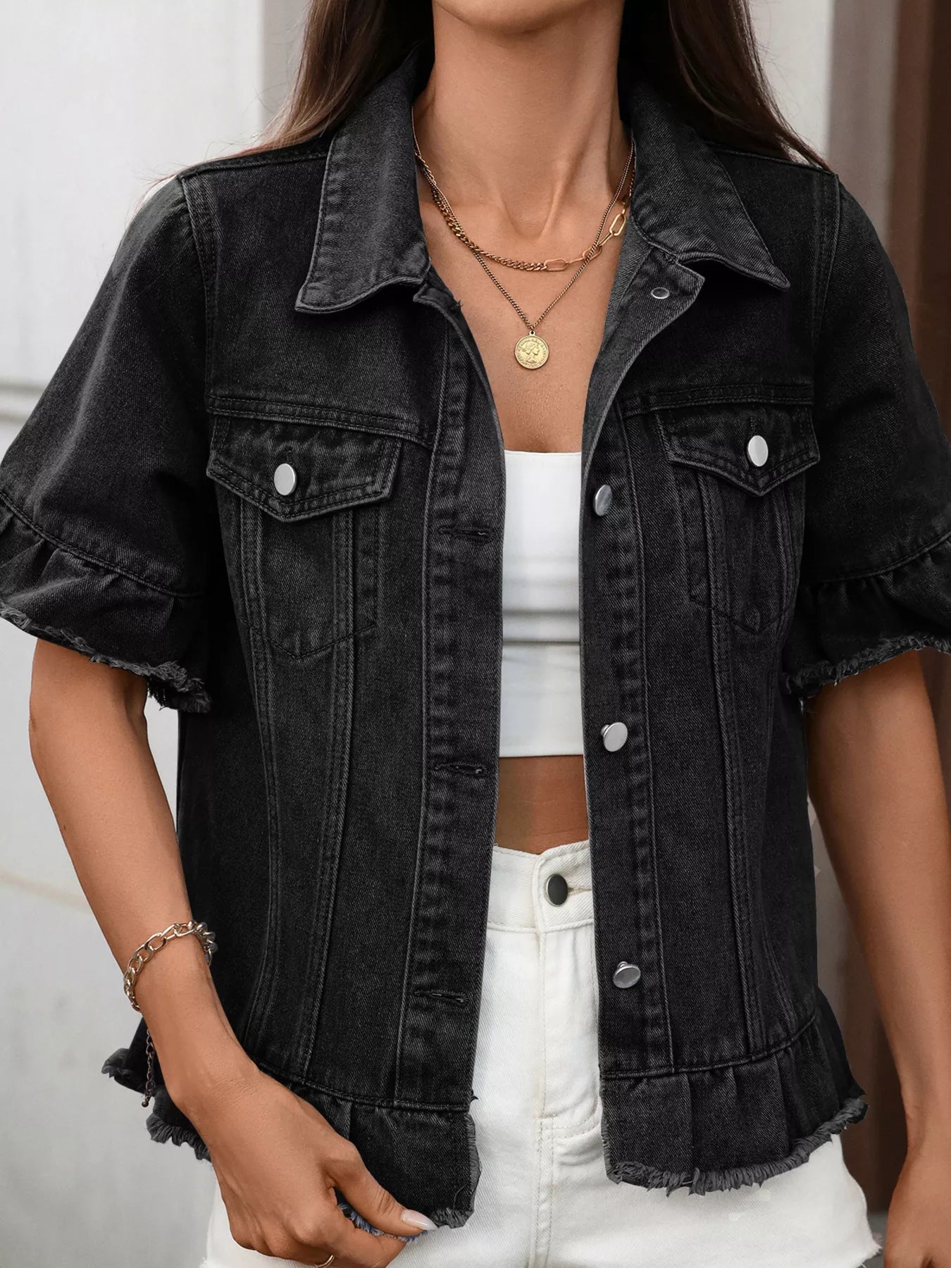 Raw Hem Button Up Denim Jacket 