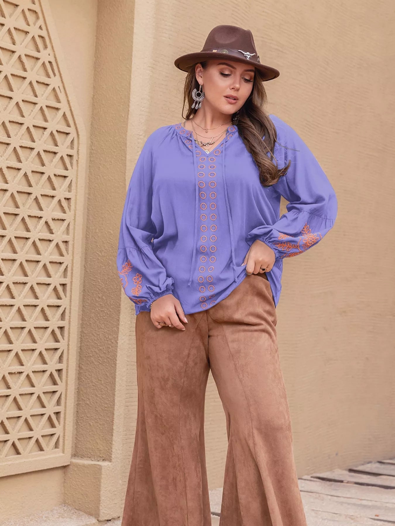 Plus Size Boho Embroidered Long Sleeve Blouse 