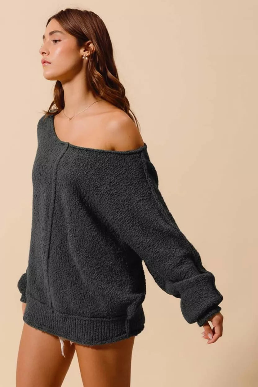 SO ME Loose Fit Exposed Seam Slouchy Boucle Sweater 