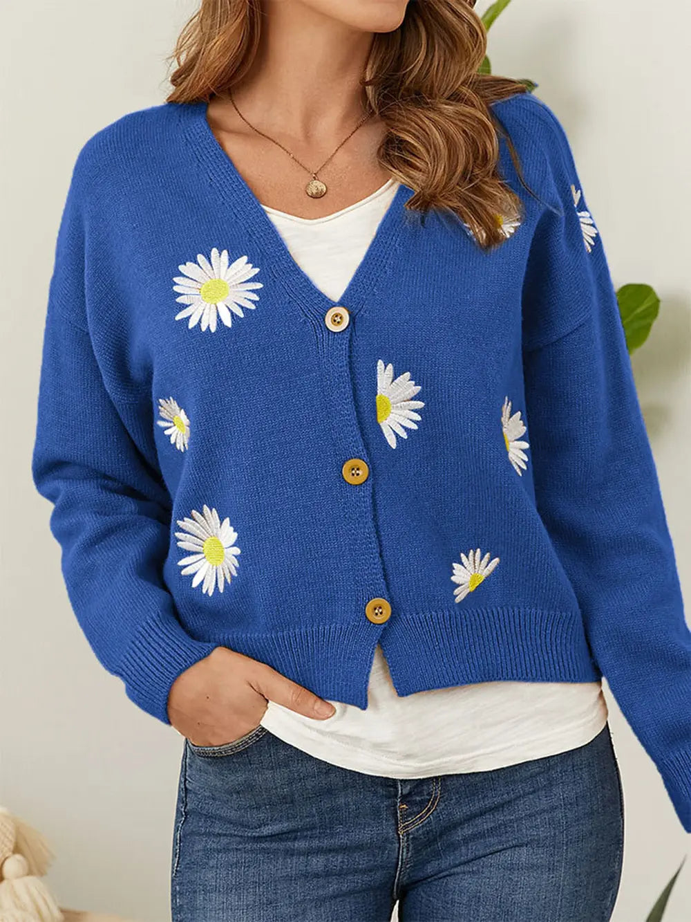 Flower Button Front Dropped Shoulder Cardigan 