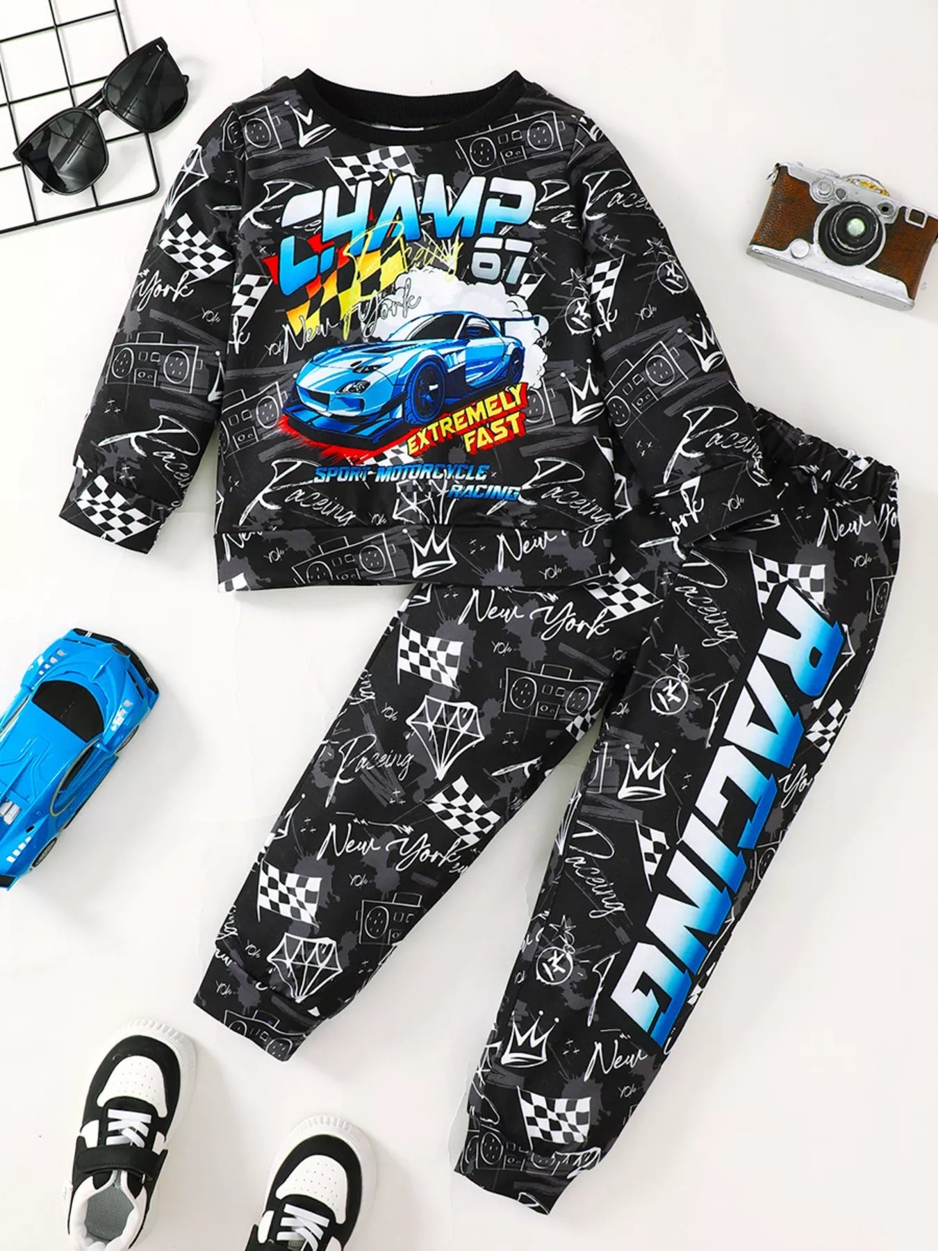 Children's Racing Car Print Long Sleeve Sweatshirt and Pants Set 