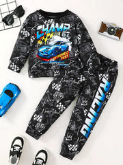 Children's Racing Car Print Long Sleeve Sweatshirt and Pants Set 