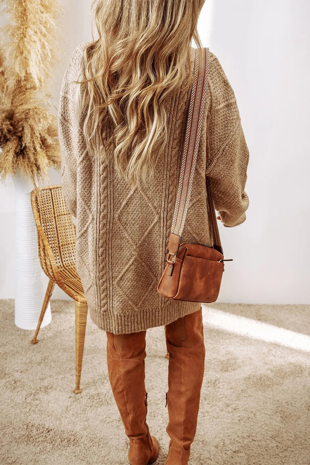 Cable-Knit Round Neck Sweater Dress 