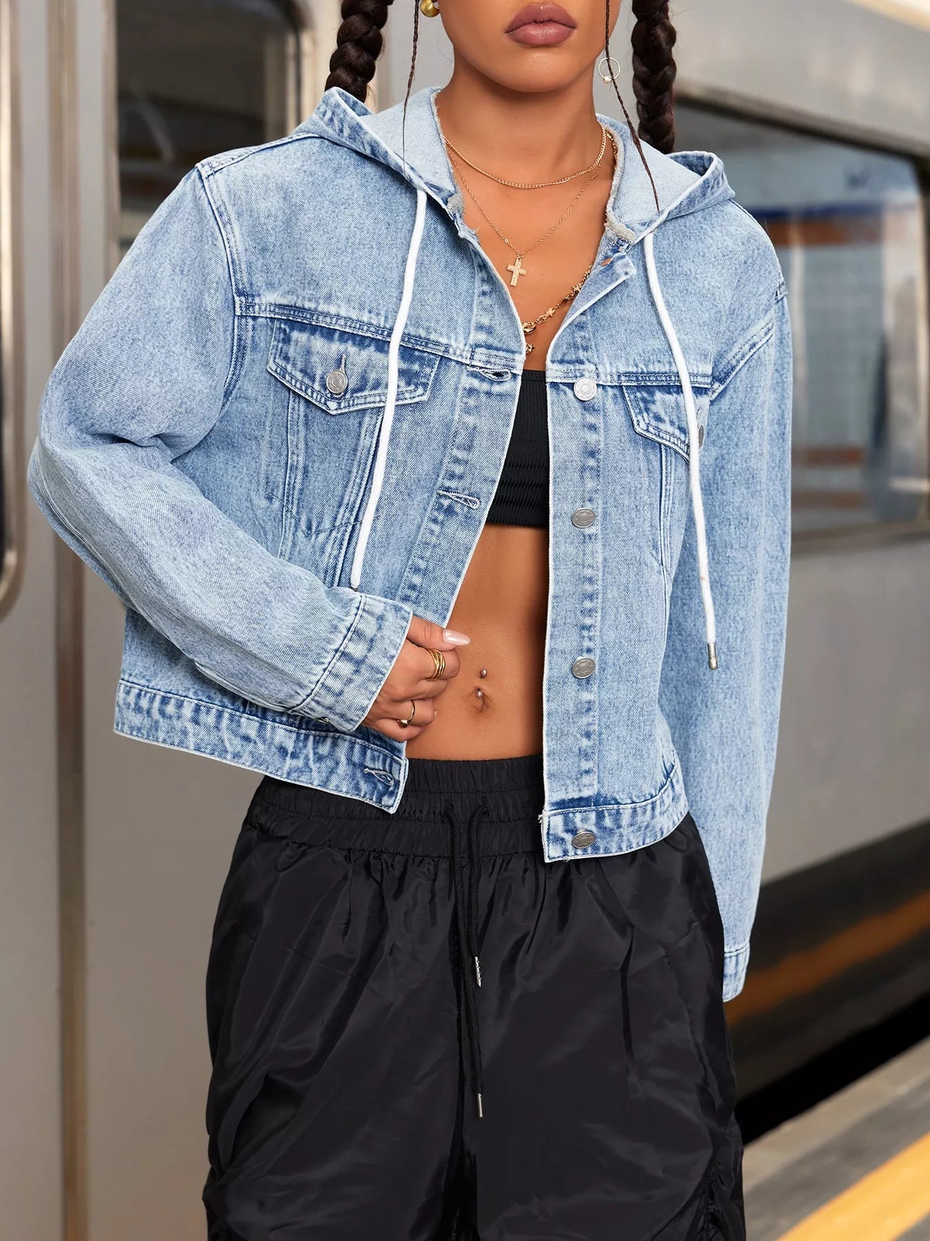 Hooded Drawstring Cropped Denim Jacket 
