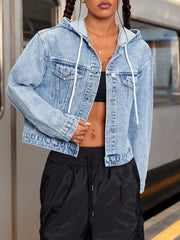 Hooded Drawstring Cropped Denim Jacket 