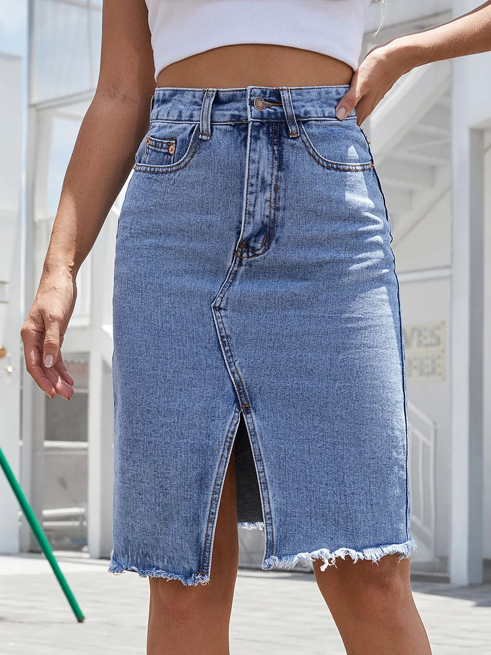 Raw Hem Slit Denim Skirt 