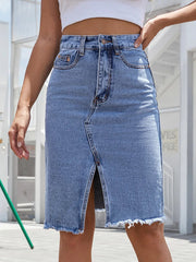 Raw Hem Slit Denim Skirt 