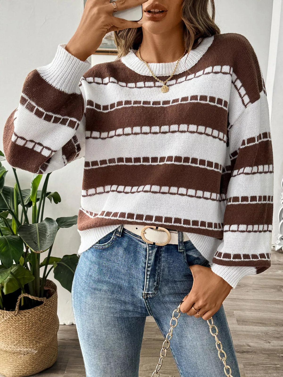 Striped Knit Dropped Shoulder Sweater 