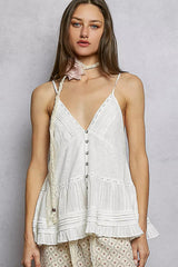POL Button Front V-Neck Ruffled Cami with Pintuck Accents 