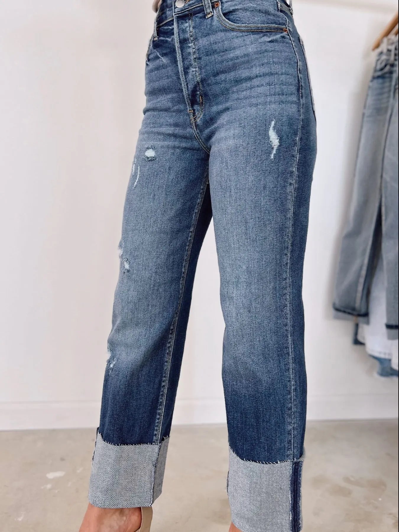 High Waist Distressed Straight Leg Jeans 
