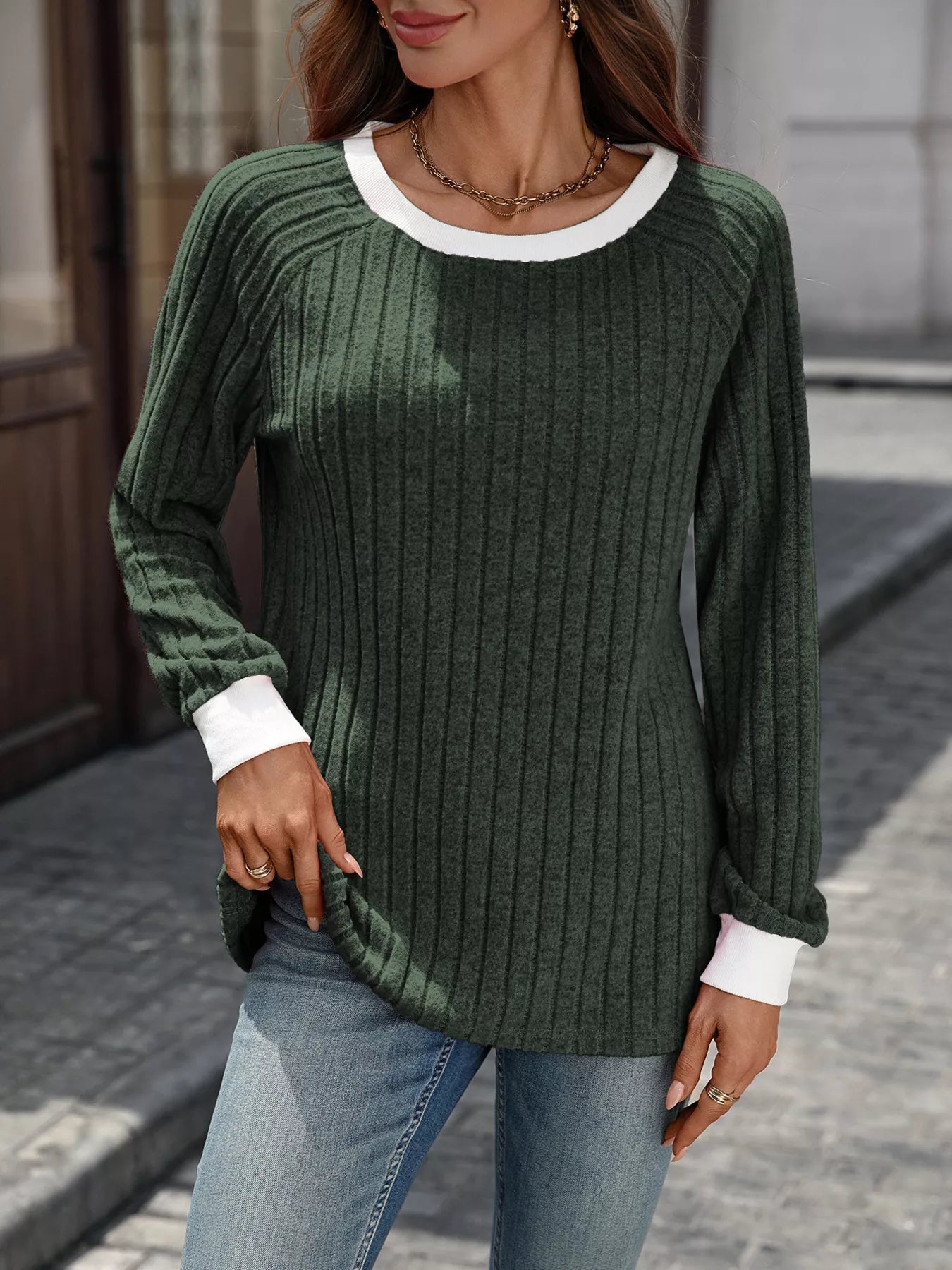 Ribbed Round Neck Raglan Sleeve Knit Top 