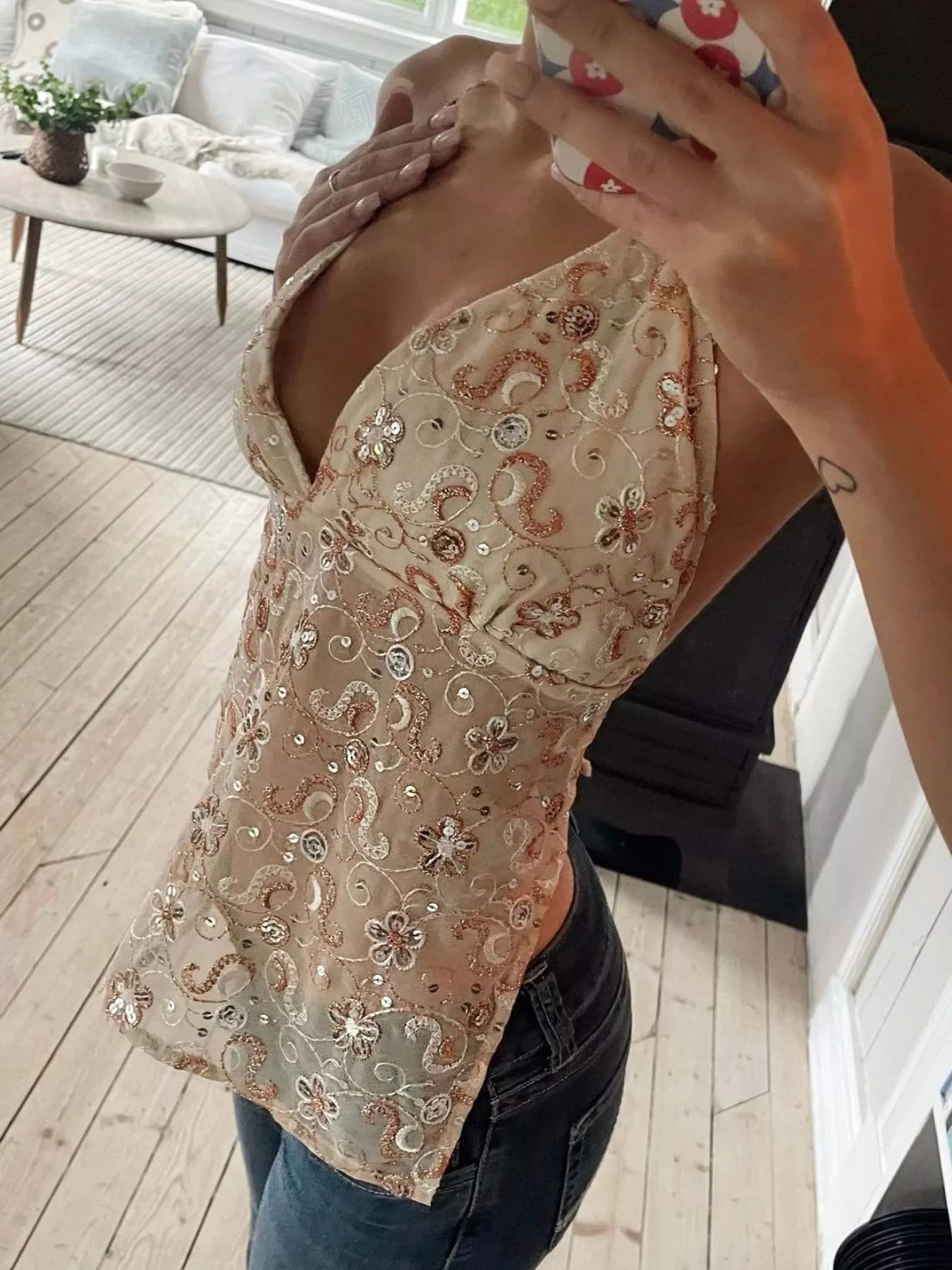 Sequin Embellished Halter Neck Cami 