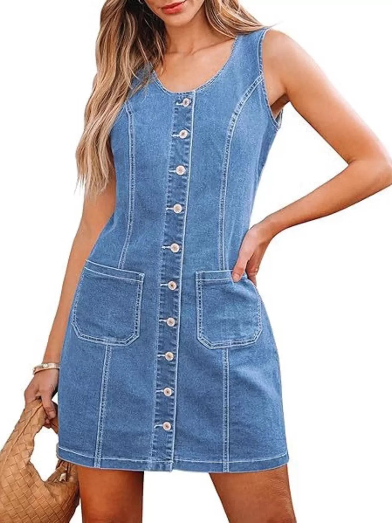 Button-Front Sleeveless Denim Dress 