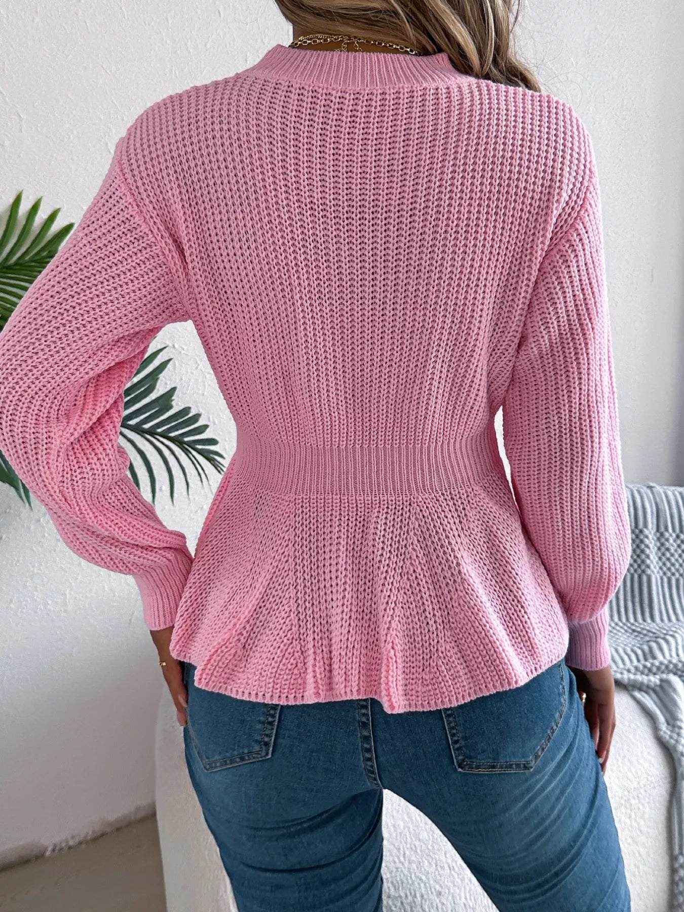 Cable Knit Round Neck Peplum Sweater 