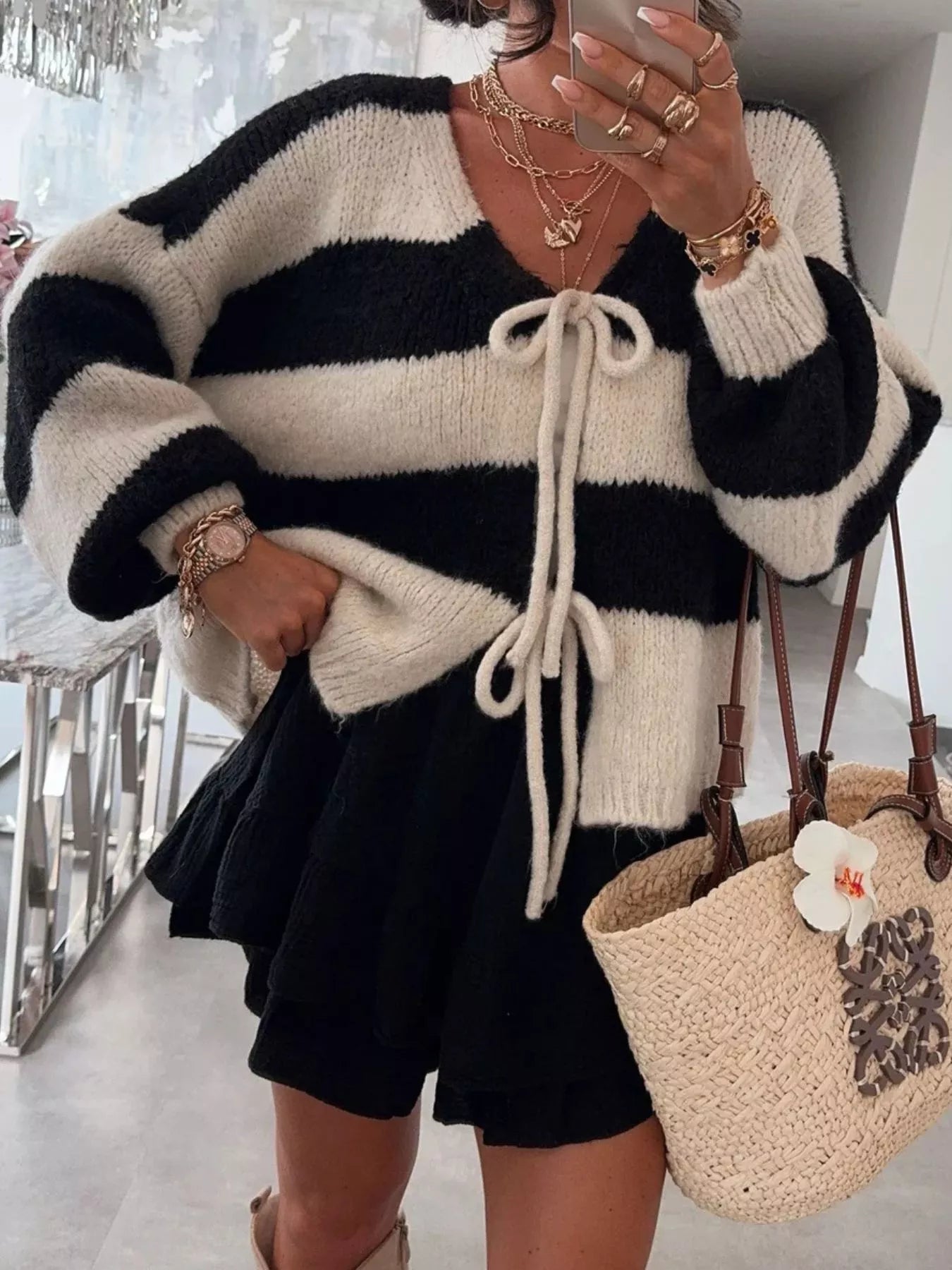 Striped Tie-Front Knit Cardigan 