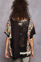 POL Lace Round Neck Short Sleeve Floral Pattern Top with Patch Detail 