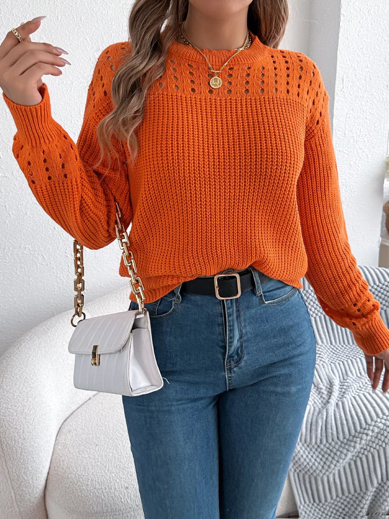Openwork Round Neck Long Sleeve Sweater 