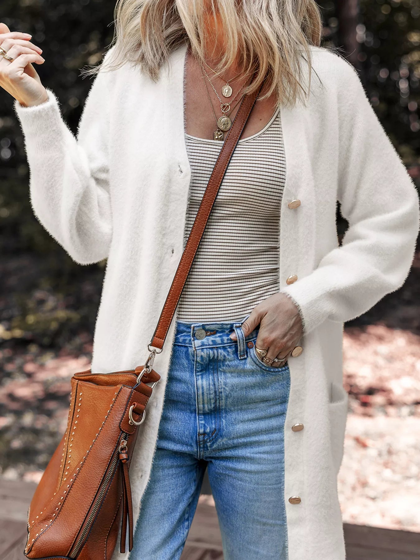 Fuzzy Buttoned Front Cardigan with Pockets 