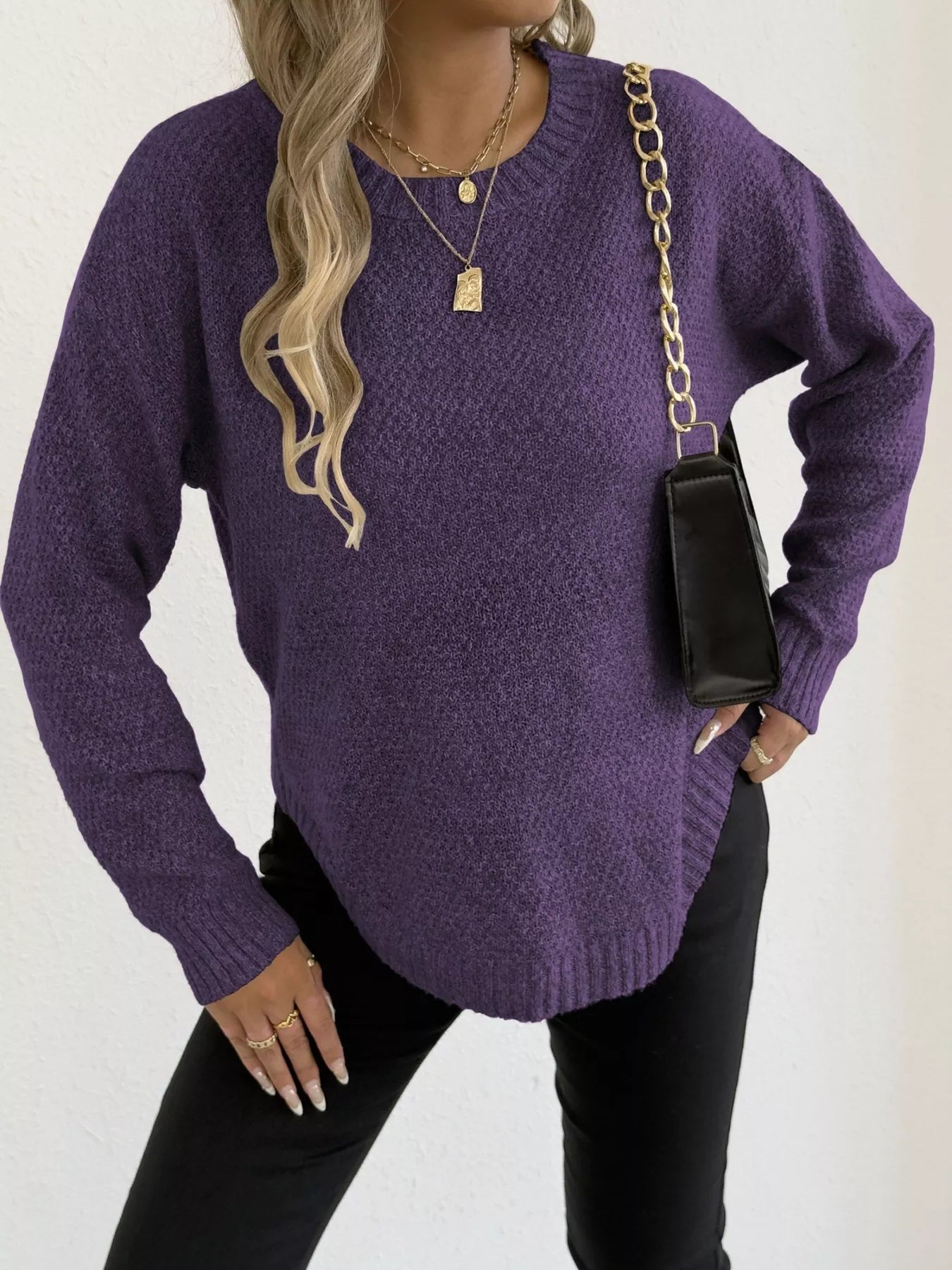 Textured Knit Relaxed Fit Round Neck Sweater 