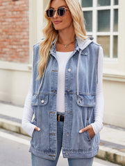 Drawstring Hooded Sleeveless Denim Jacket 