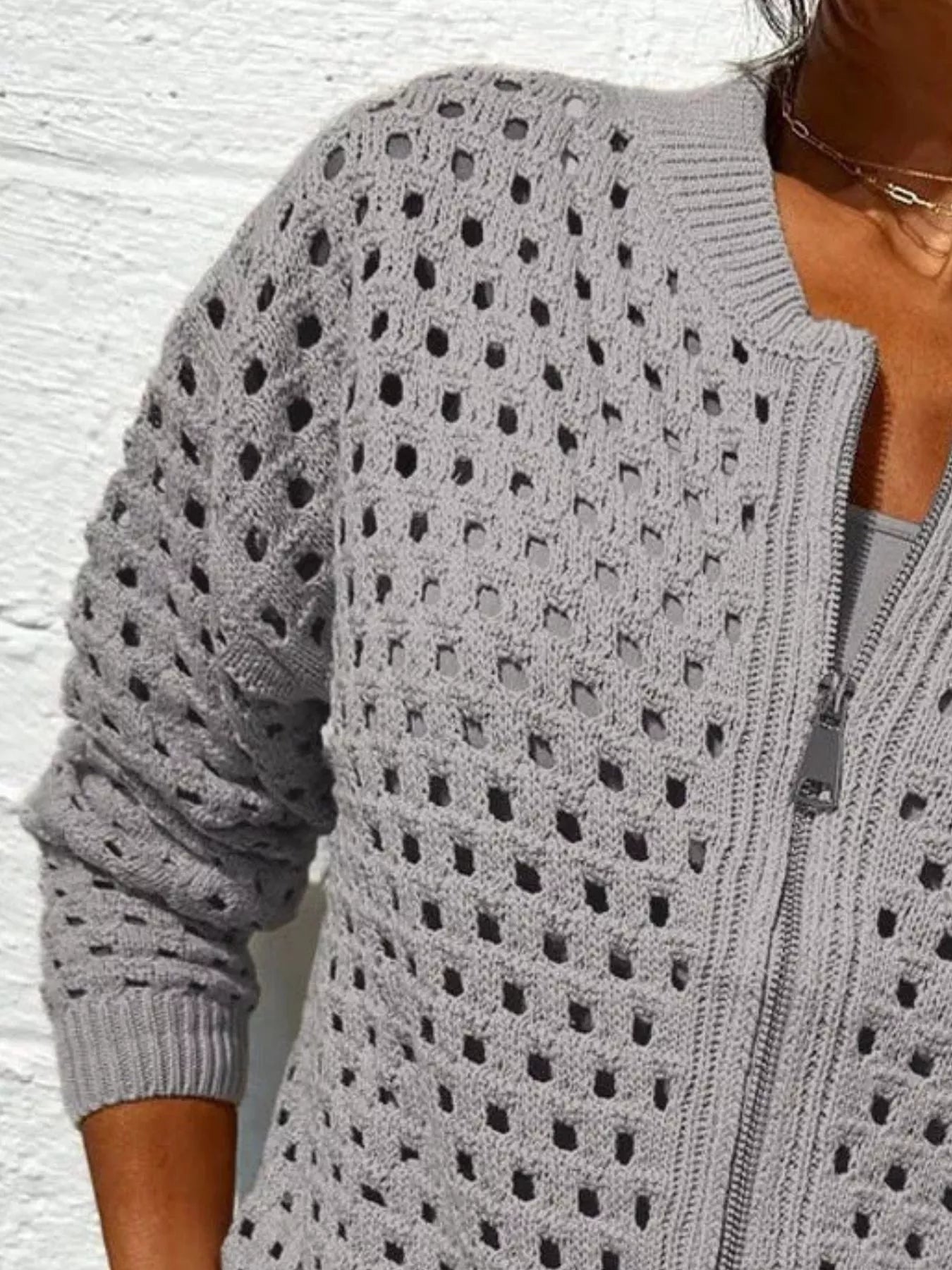 Full Size Zip Up Long Sleeve Cardigan with Eyelet Detail Plus Size 