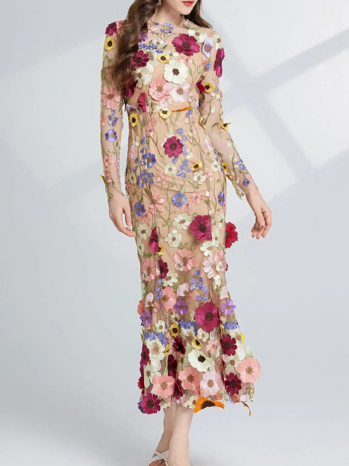 Floral Embroidered Mesh Long Sleeve Midi Dress 