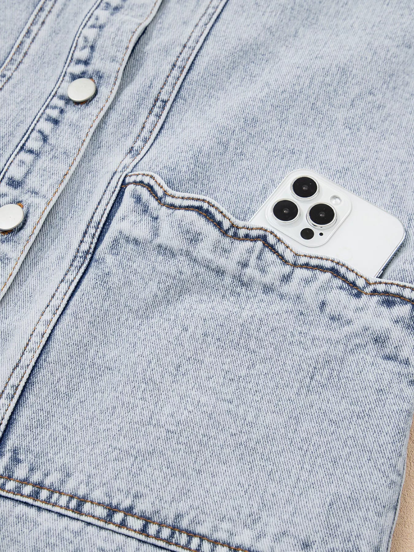Scalloped Trim Patch Pocket Button Front Denim Vest 