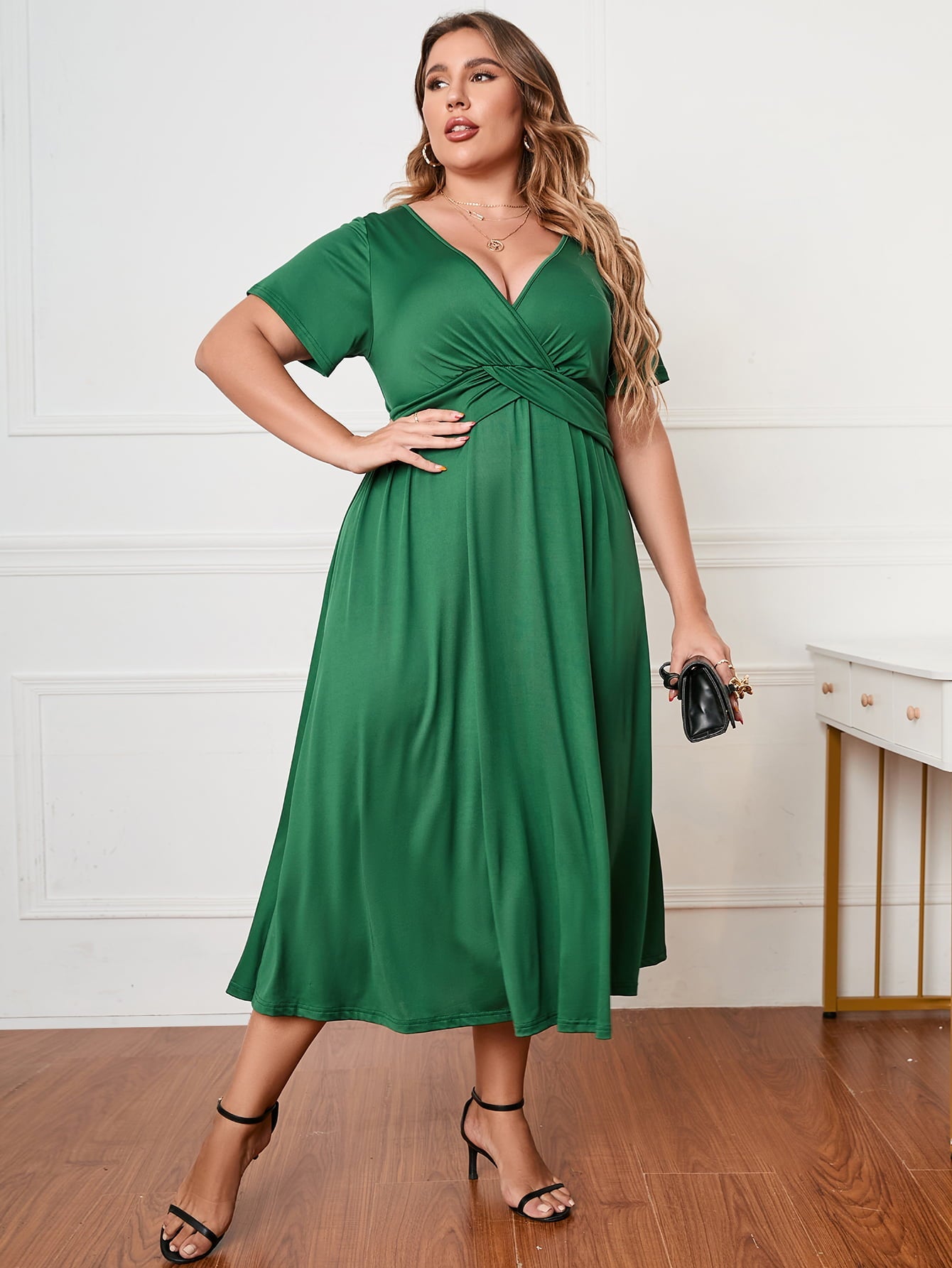 Honey Plus Size Short Sleeve Surplice Neck Midi Dress 