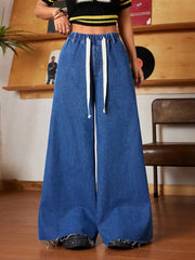 Wide Leg Drawstring Waist Ripped Hem Jeans 