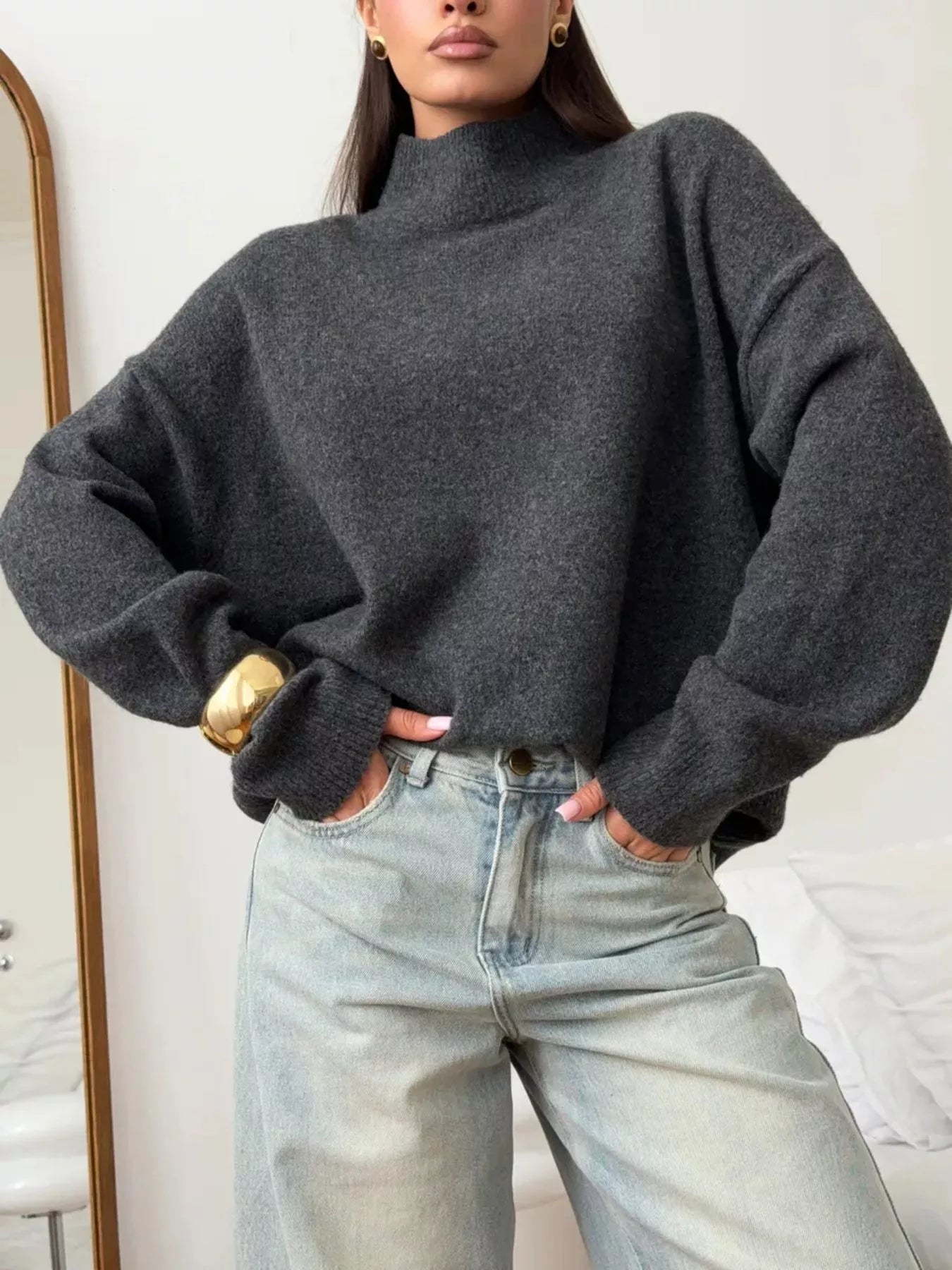 Mock Neck Dropped Shoulder Sweater 