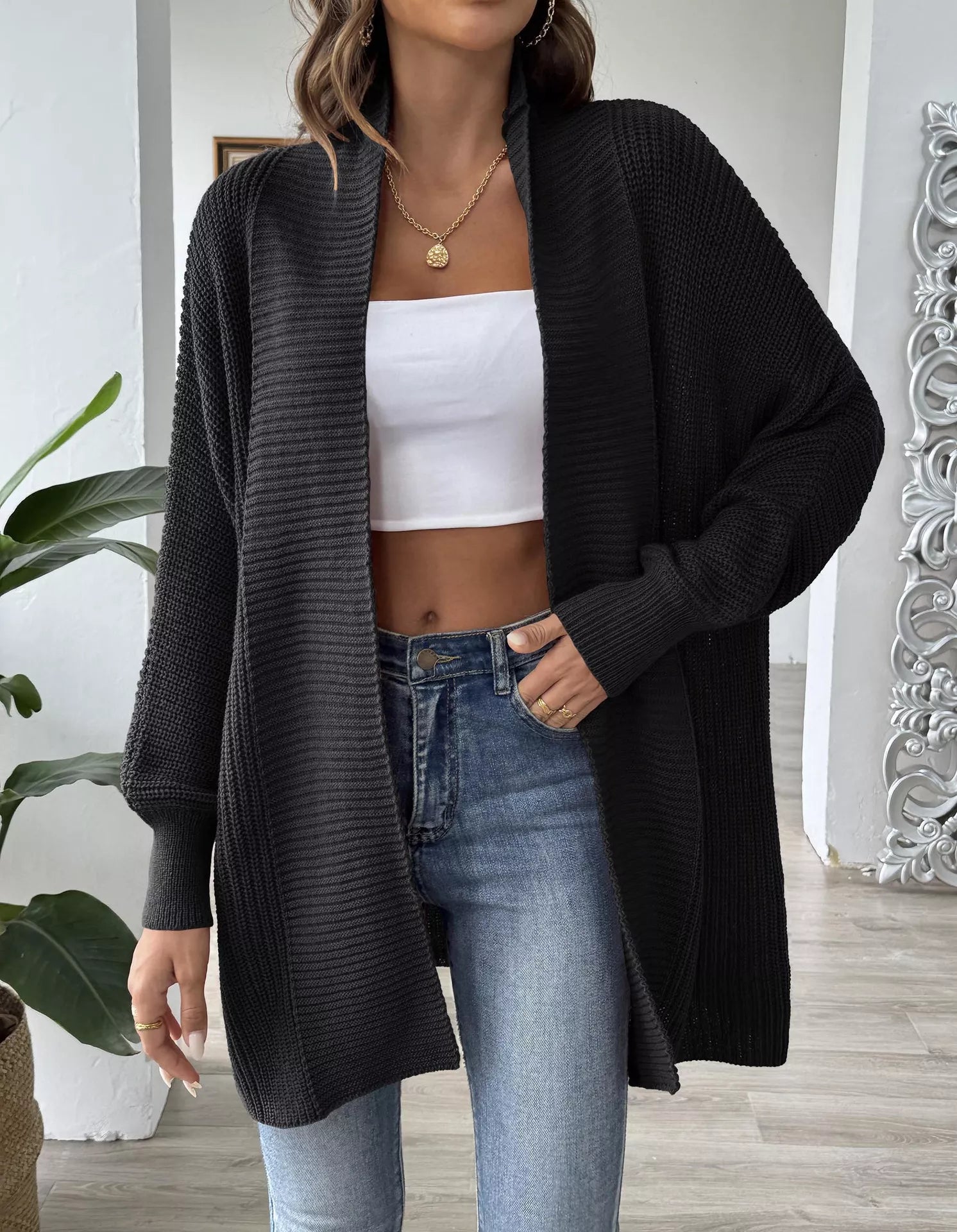 Open Front Ribbed Knit Cardigan 