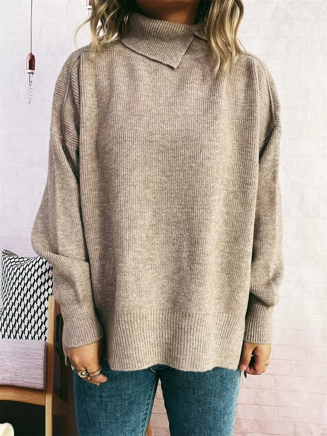 Slit Turtleneck Long Sleeve Sweater 