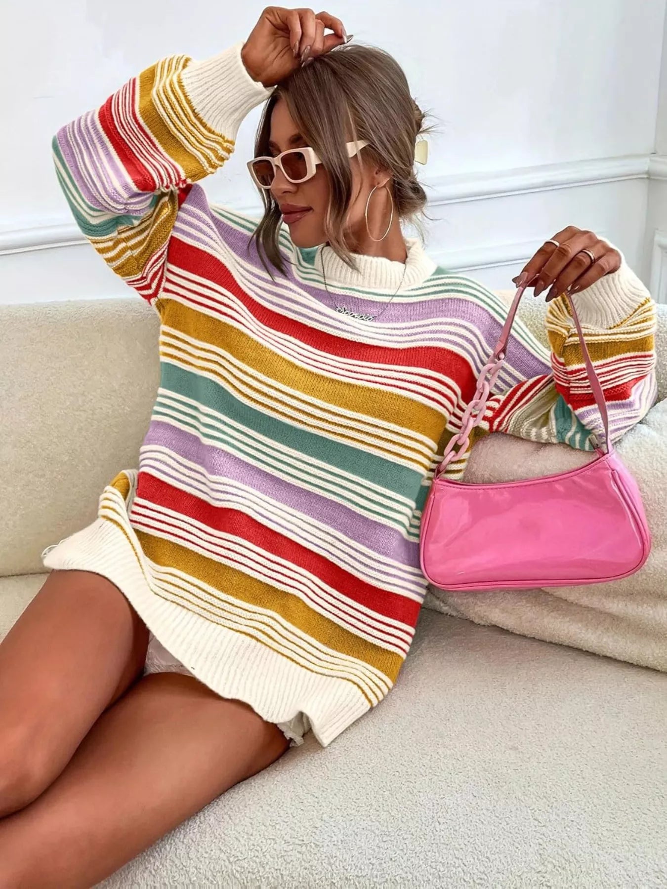 Rainbow Striped Drop Shoulder Oversized Sweater 