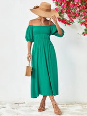 Off-Shoulder Balloon Sleeve Midi Dress 