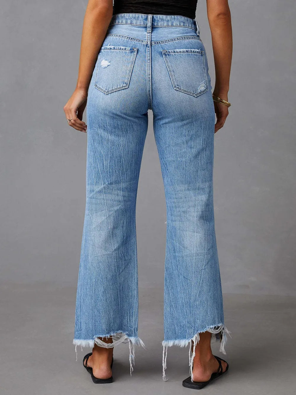 Distressed Raw Hem Jeans with Pockets 