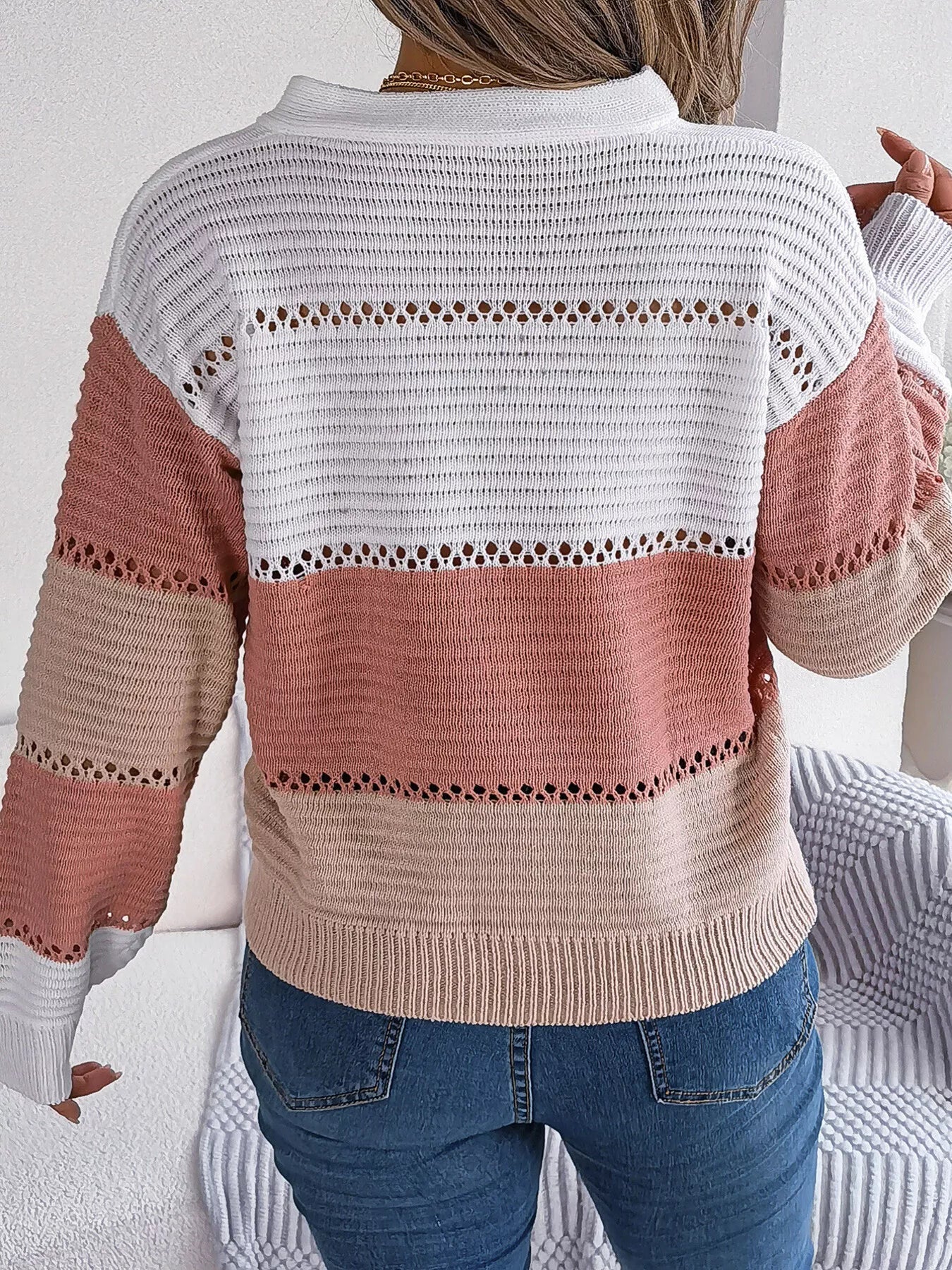 Color Block Striped V-Neck Button Detail Sweater 