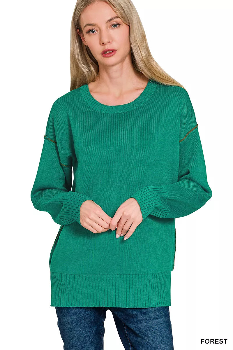 Zenana Round Neck Contrast Trim Sweater 