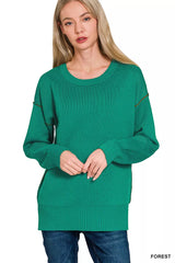 Zenana Round Neck Contrast Trim Sweater 