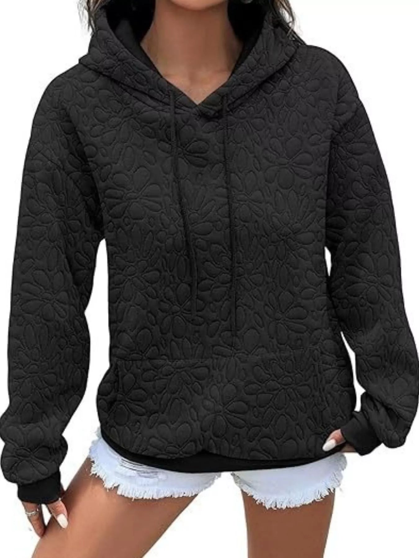 Textured Floral Quilted Hoodie 