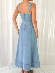 Wide Strap Sweetheart Neck Denim Dress 