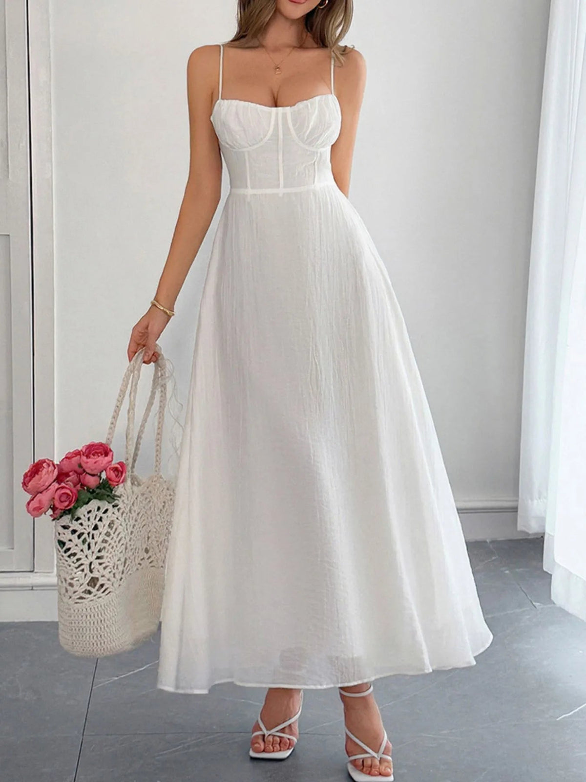 Texture Sweetheart Neck Backless Cami Dress 