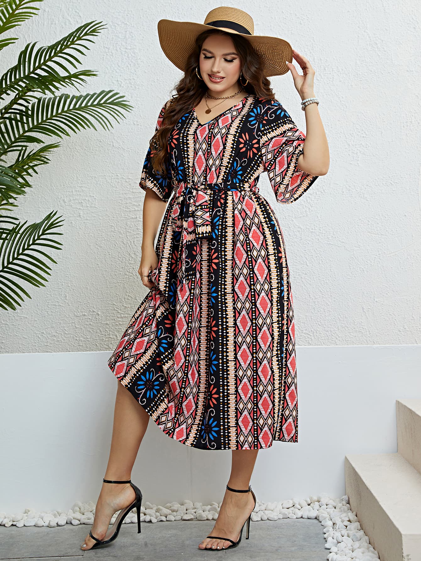 Honey Plus Size Bohemian V-Neck Tie Belt Midi Dress 