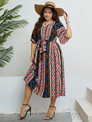 Honey Plus Size Bohemian V-Neck Tie Belt Midi Dress 