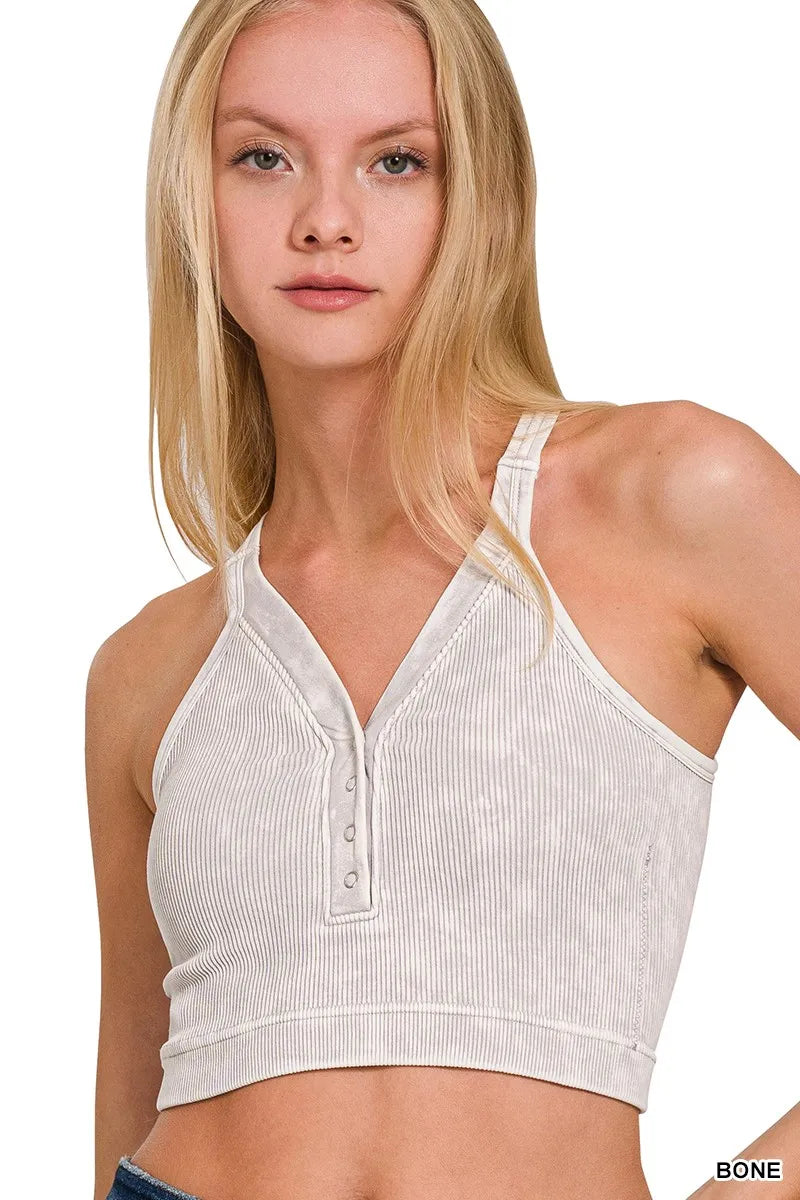 Zenana Washed Ribbed Seamless Button V-neck Tank Top 