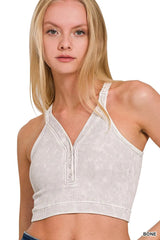 Zenana Washed Ribbed Seamless Button V-neck Tank Top 