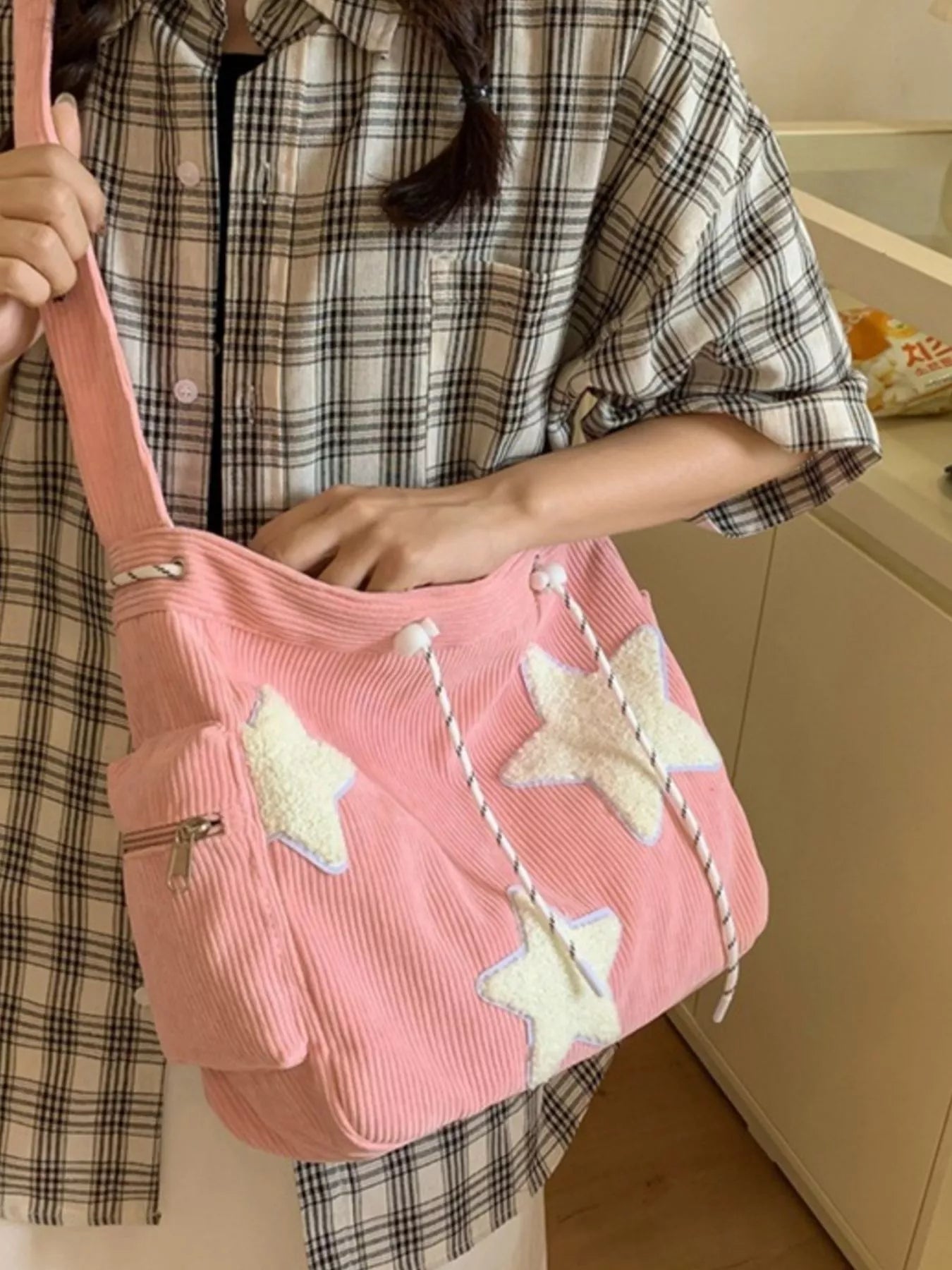 Corduroy Star Applique Casual Crossbody Bag 