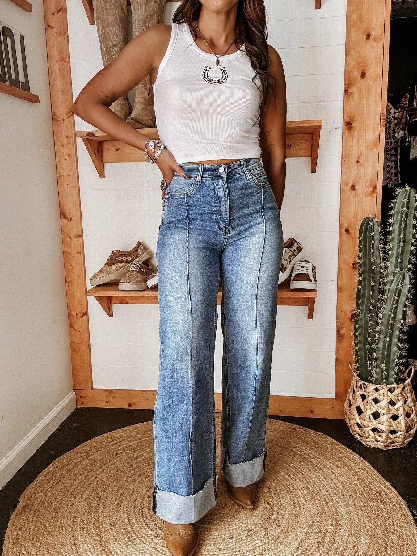 High-Waisted Wide Leg Cuffed Jeans 