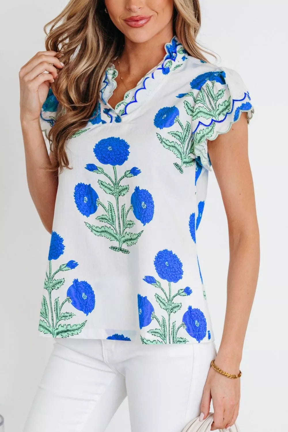 Contrast Scallop Trim Layered Short Sleeve V Neck Blouse 